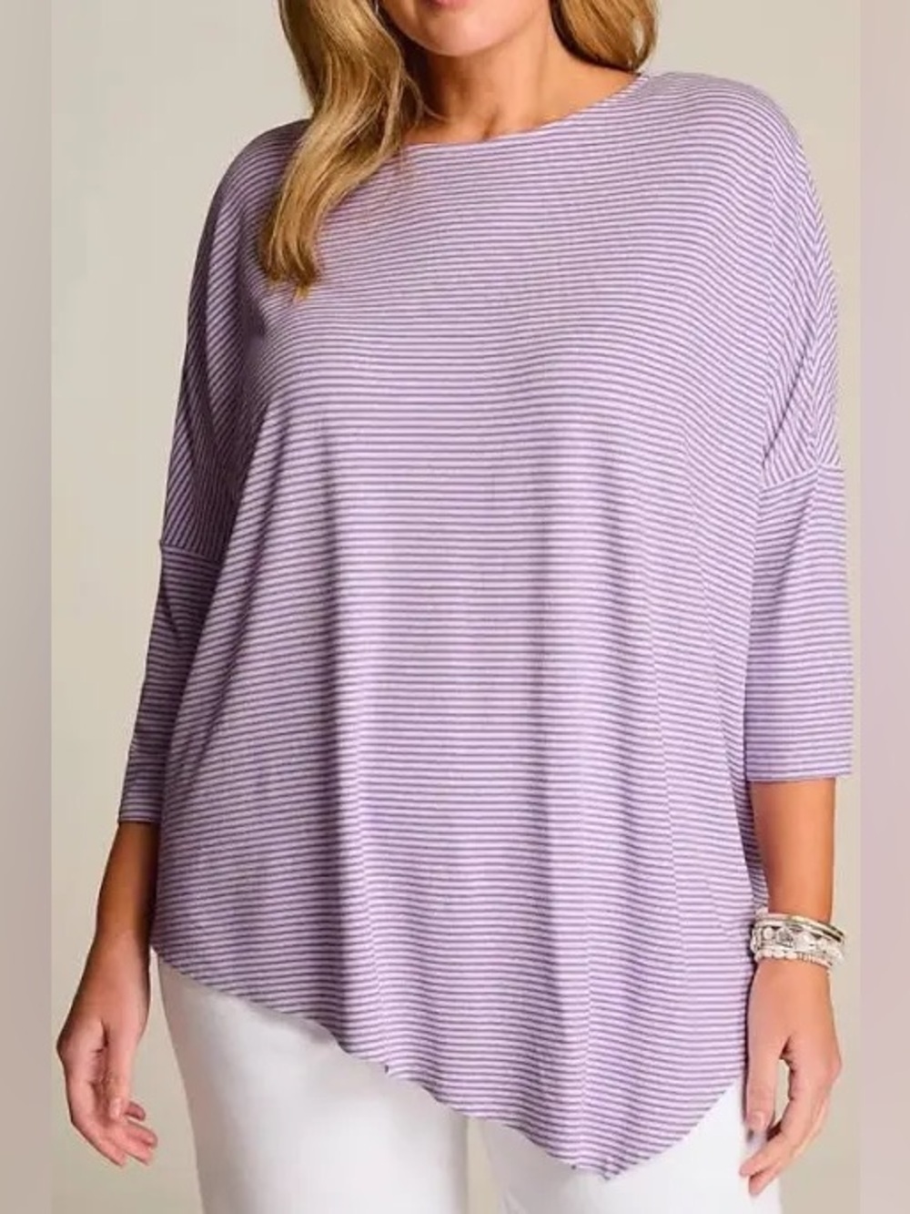 J Jill Wearever Asymmetrical Tunic Top Purple Stripe V Neck jersey Knit XL TALL